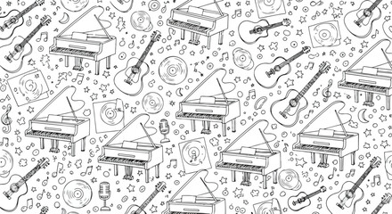 Fototapeta premium Seamless pattern of musical instruments and houses in a whimsical doodle style