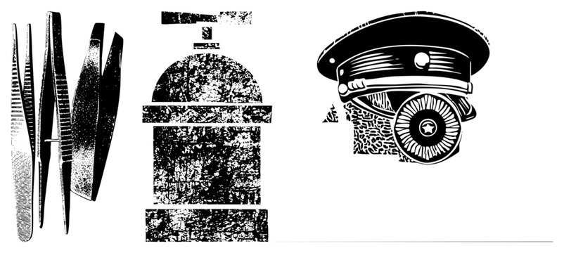 Gritty set of black and white elements featuring precision tweezers, a heavy gas tank, and a military cap. This rough stencil collection showcases industrial tools and service gear.