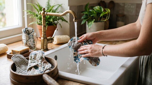 Washing cloth period pads beside bathroom basin with bottles plants and sustainable routine
