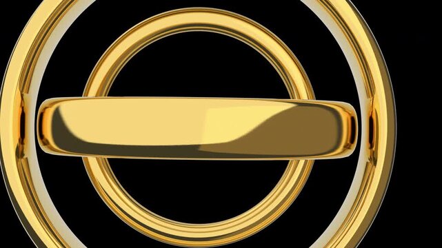  Golden 3D gyroscope rings fly through loop with alpha channel. Luxury abstract geometric torus zooming background isolated.