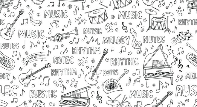 Seamless pattern of musical instruments and notes for kids music education