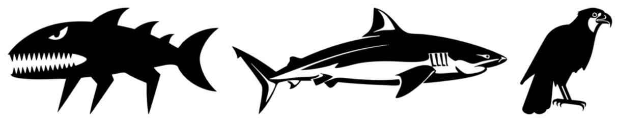 Obraz premium This graphic set features a fierce predator, a sleek sea, and a sharp eyed crow. These stylized silhouettes present a bold contrast of marine and avian life.