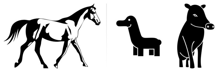 Obraz premium This set features a sleek stallion, a stylized llama, and a sturdy in a clean stencil design. These silhouettes and farmyard provide a modern graphic look.