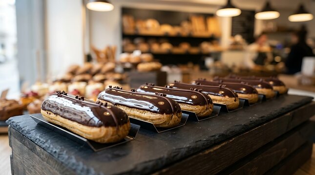 Row of fresh chocolate eclairs on display in a modern bakery