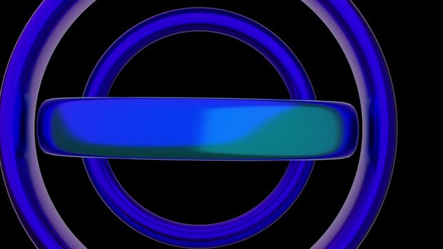 Futuristic 3D blue cyan neon gyroscope rings fly through loop. Abstract geometric torus zooming background with alpha channel 4K.
