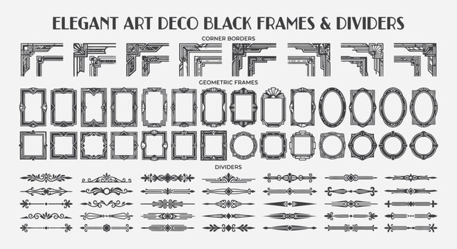 Set of elegant art deco black frames, corner borders and dividers for vintage design editable vector file