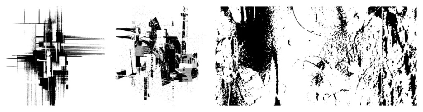 This experimental piece features a digital glitch, datamosh visual, and chaotic ink splatters. High contrast halftone and fragmented shapes create a gritty aesthetic.