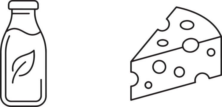 Art & Illustration, Organic milk bottle and fresh cheese slice line art icons