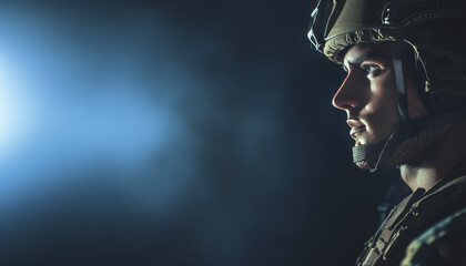 Obraz premium Focused soldier in profile with helmet in low light for military themes