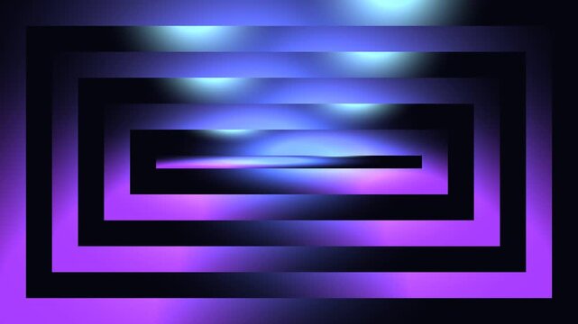 Abstract futuristic tunnel with neon purple and blue glowing geometric rectangles