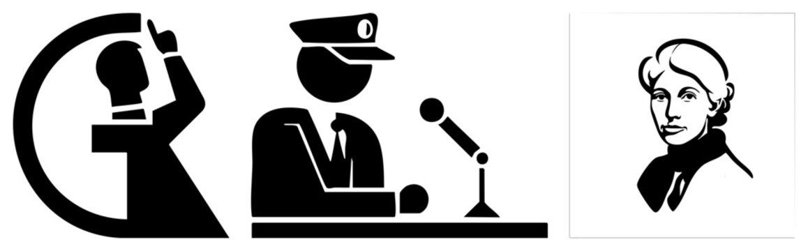 This collection features a political demagogue in profile, a news anchor or broadcaster behind a microphone, and a vintage lady bust. These black stencil figures provide strong graphic contrast.