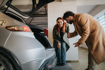A young examines the open trunk of a parked car in an indoor garage. They lean in together checking the space and contents before loading or leaving © qunica.com
