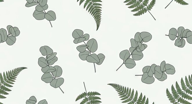 Eucalyptus and fern leaf pattern in muted green tones.