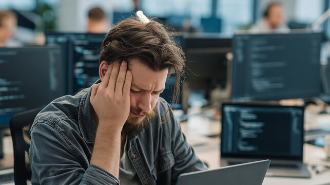 Exhausted Coder at Work: A frustrated programmer with a hand on his temple stares intently at his laptop screen, surrounded by glowing computer monitors in a modern office setting.