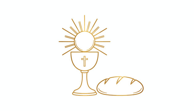 Golden Christian communion chalice with holy bread, religious eucharist symbols with radiant sun and cross, elegant gold line art vector for church events