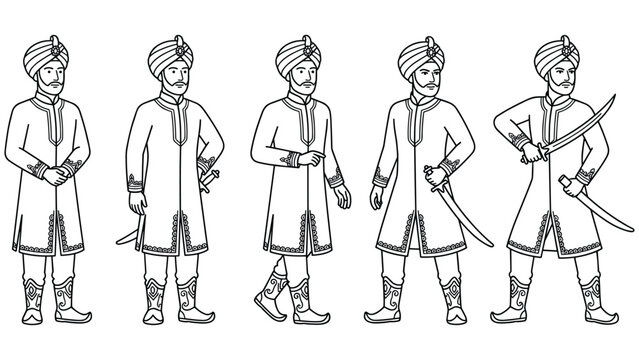 Punjabi sikh man in traditional dress holding kirpan sword, various poses.