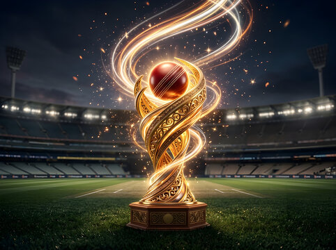 Golden cricket trophy on stadium pitch with light trails