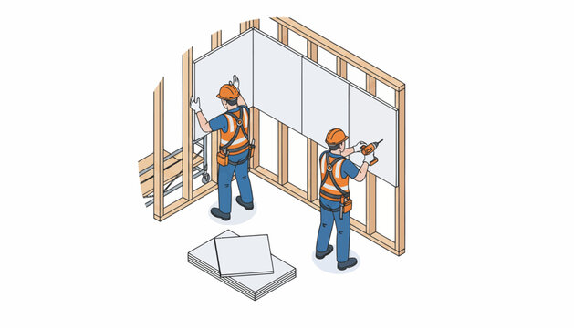 Isometric construction workers installing drywall panels, professional contractors fixing plasterboard to wood frame, home renovation vector