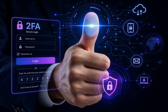 Thumb presses a fingerprint scanner for 2fa login, signifying enhanced digital security and identity verification.