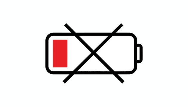 Low battery icon with red indicator and black cross, flat vector illustration of empty power level, dead battery warning symbol for mobile UI