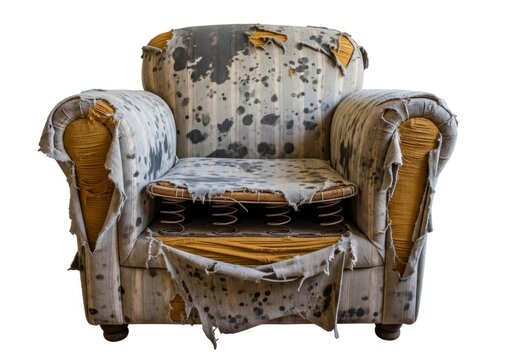 old worn out armchair with ripped fabric.