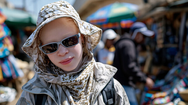 young woman with albinism in a sunlit outdoor market wearing protective clothing, melanin awareness representation, harsh midday sun casting distinct shadows, confident posture browsing handmade cra