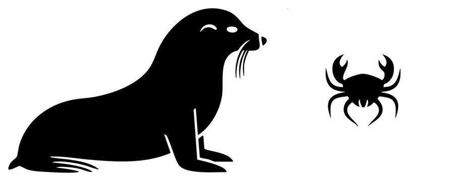 Sleek sea lion and little crustacean encounter in this clean graphic. This pinniped and shore crab silhouette features smooth curves and high contrast shapes for versatile design.