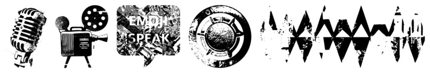 Obraz premium Collection of gritty stencil elements featuring a vintage mic, a movie projector, and a speech bubble. This textured set includes a film reel, a circular badge, and jagged sharp.