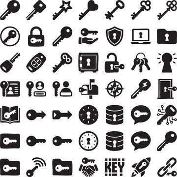 Key and security vector icon set featuring various key types from car keys to house keys, locks, safes, smart security systems, and access control elements, illustrating protection and access solution