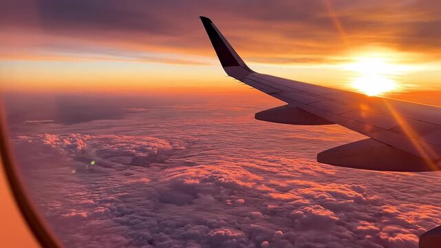 Airplane wing over clouds at sunset, aerial view from window, travel concept