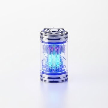 Glowing blue futuristic energy cell battery on white background.