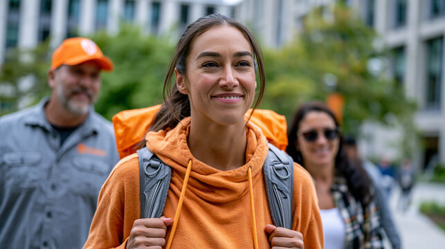 first-generation college student carrying an overpacked backpack through a university quad, parents dressed in work clothes walking beside her on move-in day, first-in-family pride visible in their 