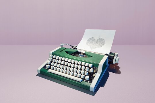Retro green typewriter printing a heart shape of binary digits