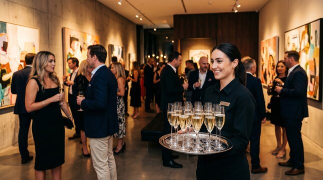 Champagne flutes in art gallery carried by server during elegant opening night event