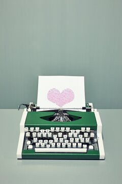 Retro typewriter with binary code heart on paper indoors