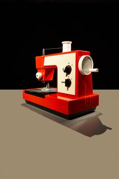 Red vintage toy sewing machine with thread on dark background
