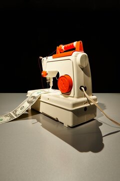 Vintage sewing machine stitching a US dollar bill