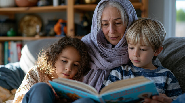 grandmother in hijab reading to two children of different ethnicities on a sunlit couch, secular and religious household items visible on shelves, blended family multicultural caregiving warmth, aft