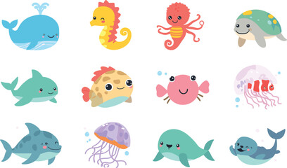 Cute cartoon sea creatures icons set with ocean animals whale seahorse octopus turtle shark jellyfish seal elements © MdNipon