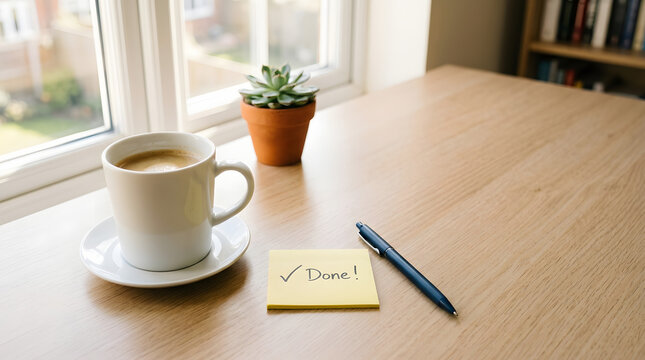 A wooden desk with a cup of coffee, a small potted plant, a yellow sticky note with 'Done!' and.