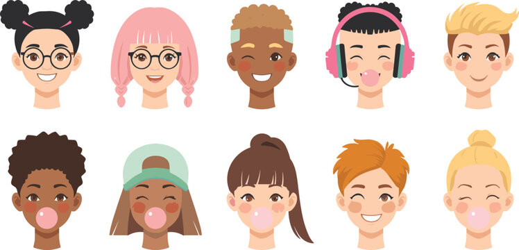 Diverse teen avatar faces vector set with cute generation z characters chewing bubble gum headphone elements
