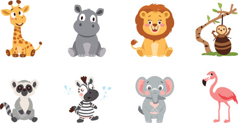 Cute cartoon safari wild animals set with giraffe lion elephant zebra hippo monkey lemur flamingo characters © MdNipon