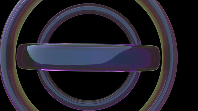 Futuristic 3D blue and purple neon gyroscope rings fly through loop. Abstract geometric torus zooming background with alpha channel 4K.