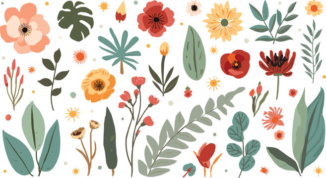 Floral botanical illustration elements set with hand drawn colorful flowers wild leaves poppy garden bloom spring graphics