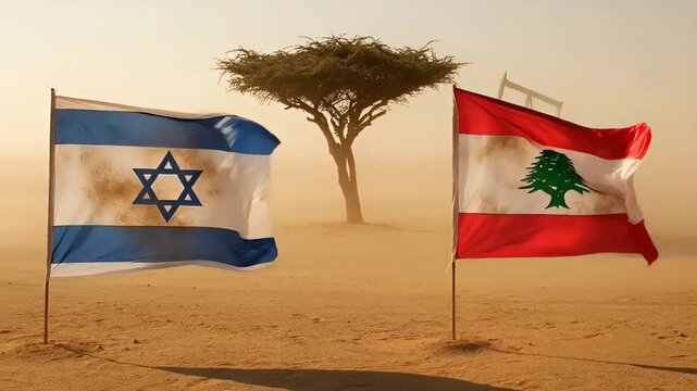 israel and lebanon flags sway in the wind in an arid desert near a tree. the scene symbolizes the geopolitical situation, natural resources and environmental issues in the middle east area.