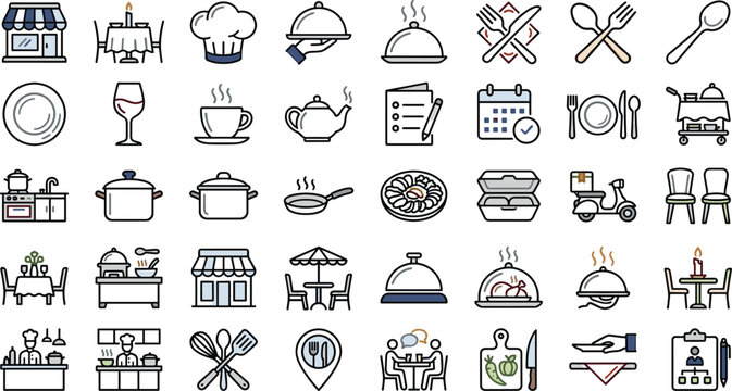 Restaurant food cooking icons set with dining kitchenware catering delivery menu chef table plate cutlery platter elements