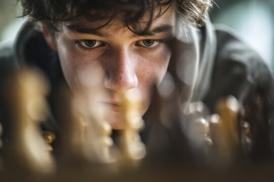 Young man intensely focusing on a strategic move while playing chess, showcasing deep concentration and thoughtful planning during the game session