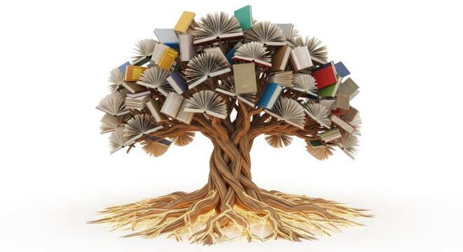Tree made of books with roots on white background symbolizing knowledge