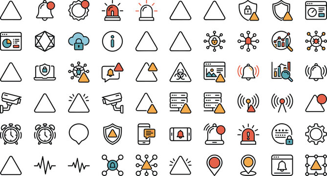 Digital security warning icons set with hazard caution alert alarm network system surveillance shield notification elements