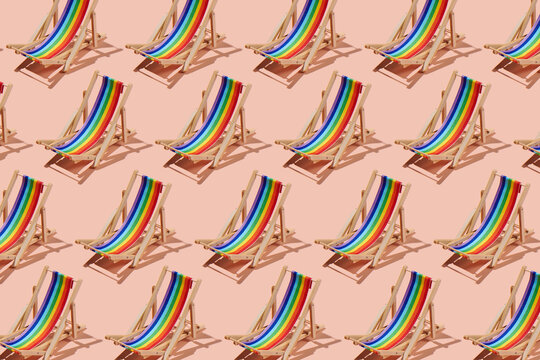 Repeated rainbow beach chair pattern celebrating LGBTQ pride